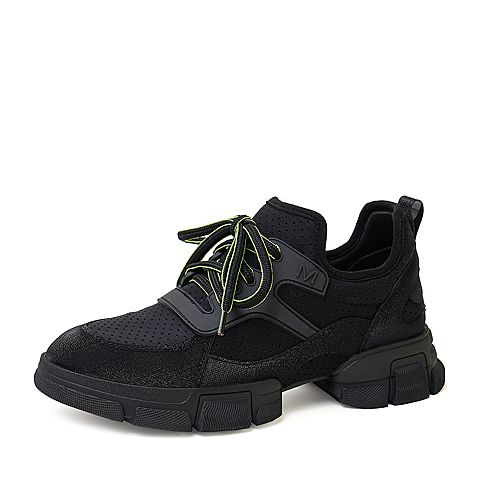 百思图2020春季新款黑色系带网面透气运动休闲风女老爹鞋A2036AM0