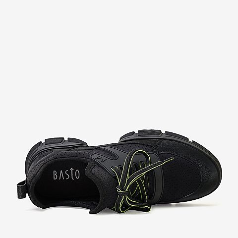 百思图2020春季新款黑色系带网面透气运动休闲风女老爹鞋A2036AM0