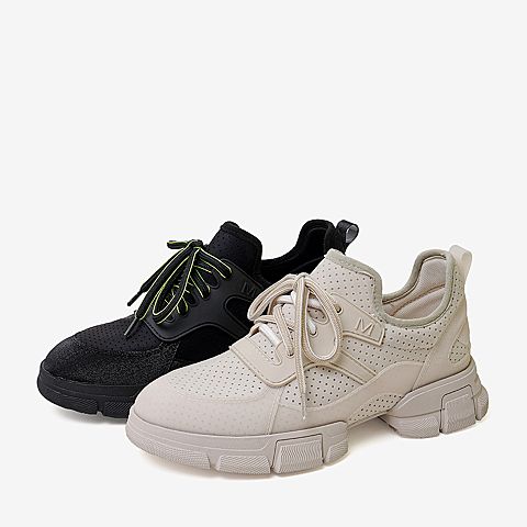 百思图2020春季新款黑色系带网面透气运动休闲风女老爹鞋A2036AM0