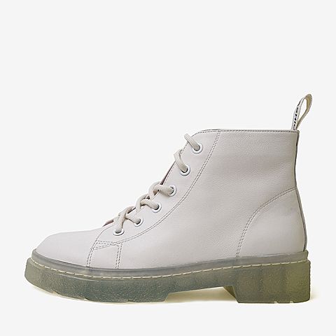 百思图2020春季新款浅白牛皮系带方跟潮酷街头风女马丁靴A7201AM0