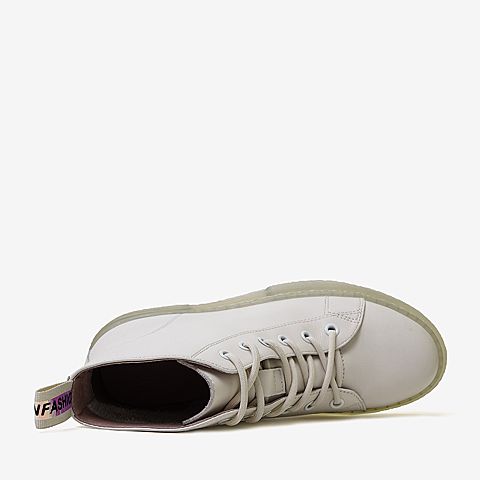 百思图2020春季新款浅白牛皮系带方跟潮酷街头风女马丁靴A7201AM0