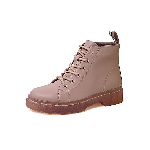 百思图2020春季新款粉色牛皮系带方跟潮酷街头风女马丁靴A7201AM0