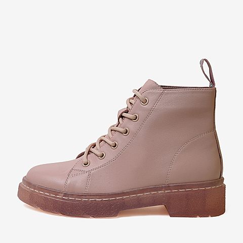 百思图2020春季新款粉色牛皮系带方跟潮酷街头风女马丁靴A7201AM0