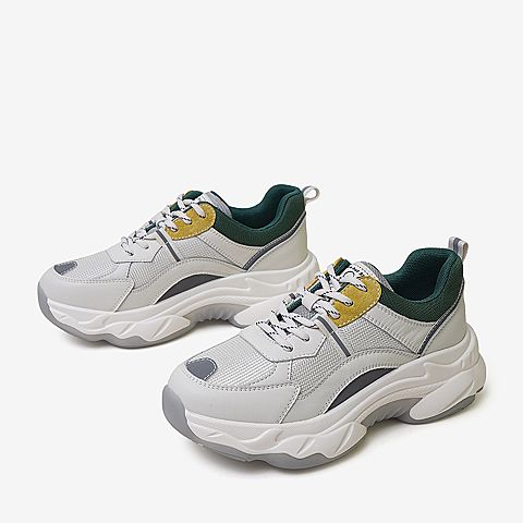 百思图2020春季新款系带厚底撞色ins运动风潮酷女老爹鞋BA009AM0