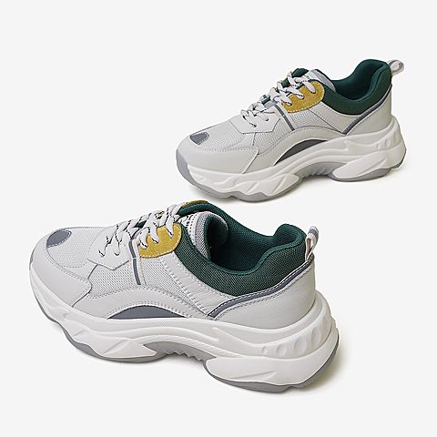 百思图2020春季新款系带厚底撞色ins运动风潮酷女老爹鞋BA009AM0