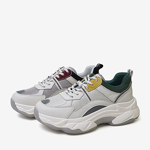 百思图2020春季新款系带厚底撞色ins运动风潮酷女老爹鞋BA009AM0