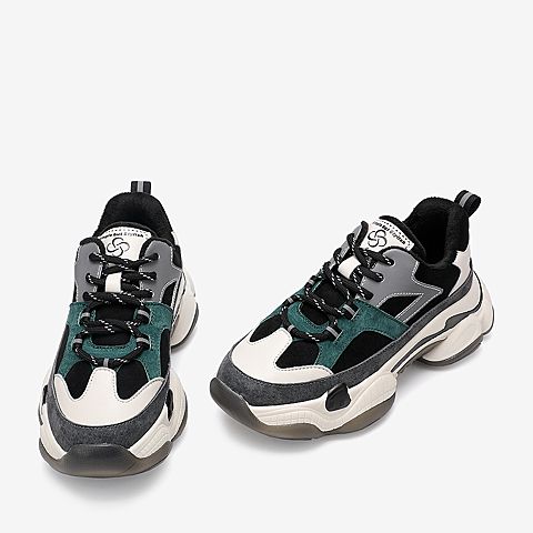 百思图2020春季新款商场同款撞色系带厚底运动风女老爹鞋BA832AM0