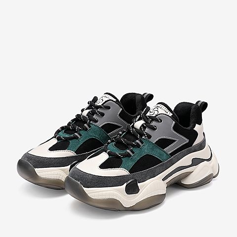 百思图2020春季新款商场同款撞色系带厚底运动风女老爹鞋BA832AM0