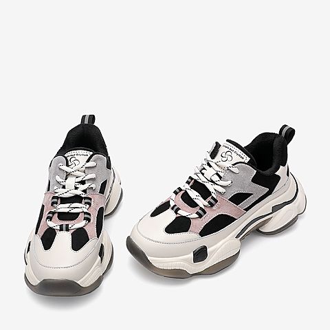 百思图2020春季新款商场同款撞色系带厚底运动风女老爹鞋BA832AM0