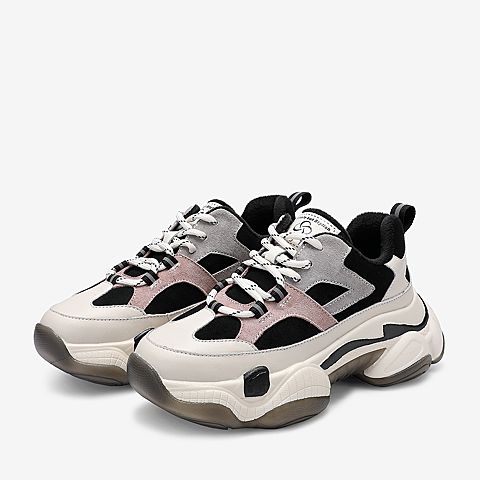 百思图2020春季新款商场同款撞色系带厚底运动风女老爹鞋BA832AM0