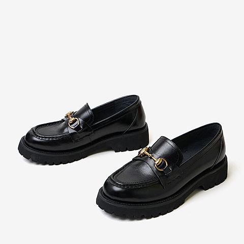 百思图2020春季新款牛皮厚底马衔扣时尚英伦风女乐福鞋H0102AQ0