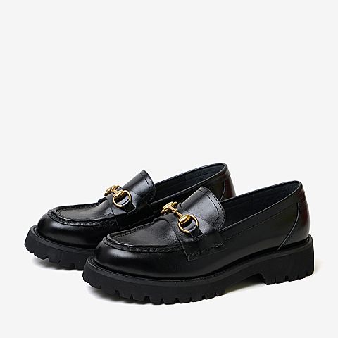 百思图2020春季新款牛皮厚底马衔扣时尚英伦风女乐福鞋H0102AQ0