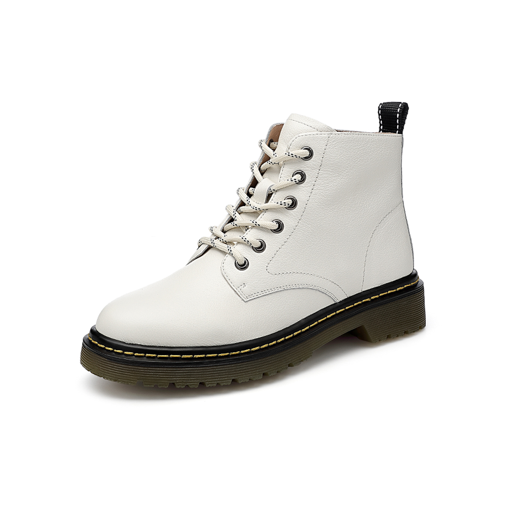 百思图2020冬季新款商场同款时尚圆头系带女马丁短皮靴ED712DD0