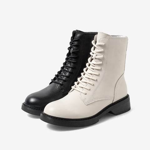 百思图2020冬季新款商场同款时尚系带绒里马丁靴女皮短靴WEA01DD0