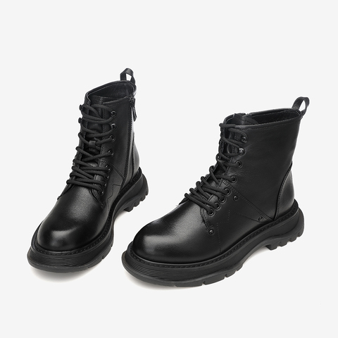 百思图2020冬季新款商场同款英伦休闲绑带马丁靴女皮短靴RAB44DD0