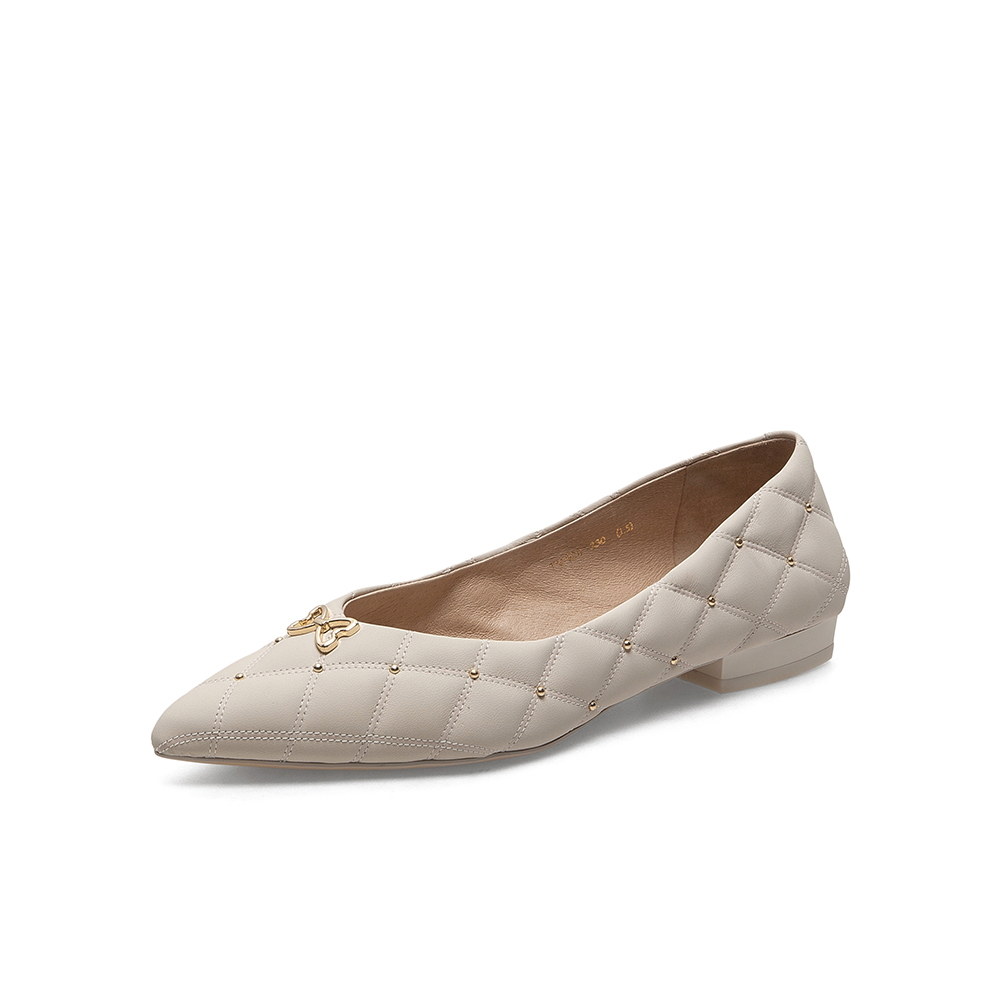 百思图2021春季新款甜美气质蝴蝶结菱格尖头浅口女单鞋TV420AQ1