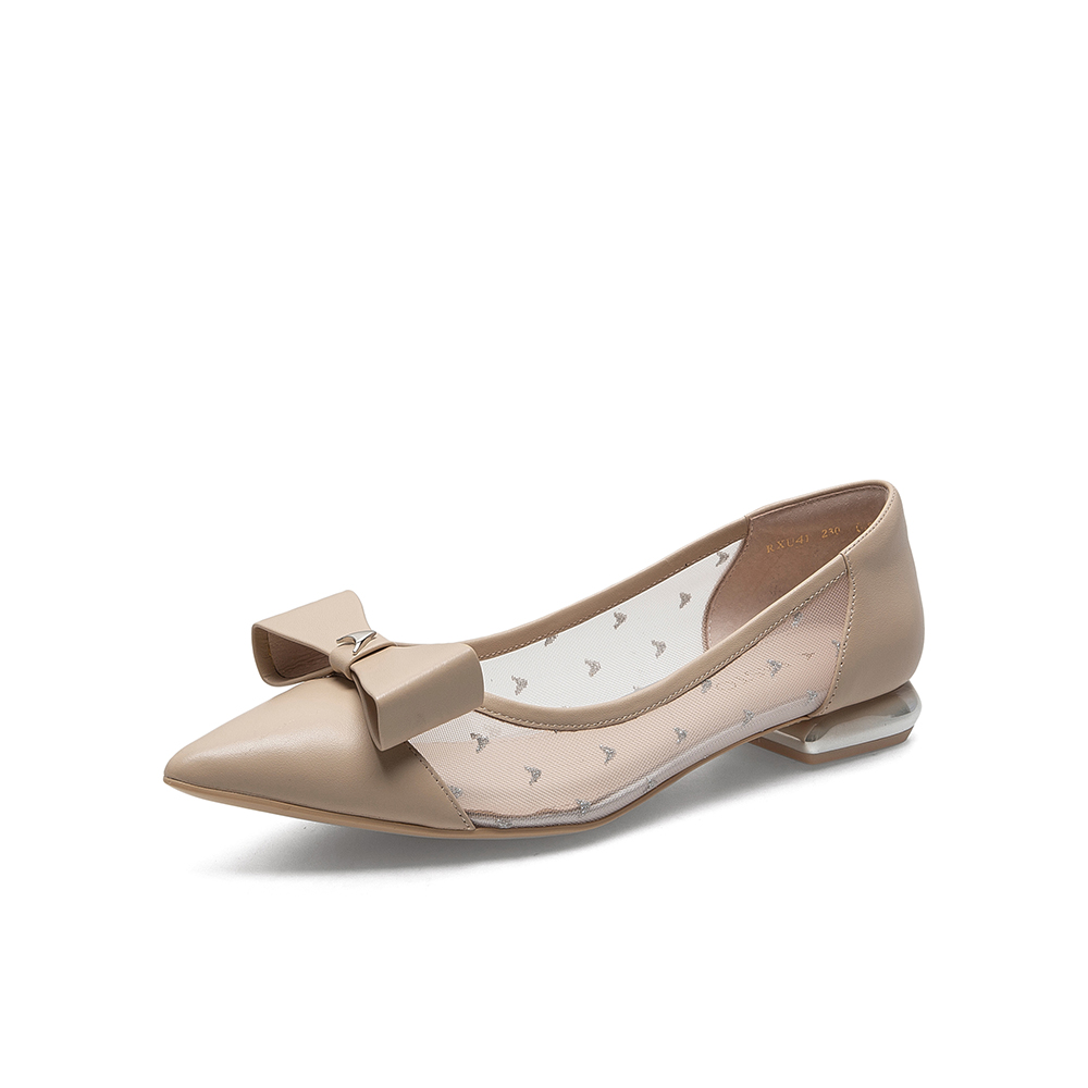 百思图2021春新款甜美气质蝴蝶结网纱尖头方跟浅口女单鞋RXU41AQ1