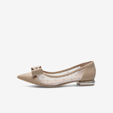 百思图2021春新款甜美气质蝴蝶结网纱尖头方跟浅口女单鞋RXU41AQ1