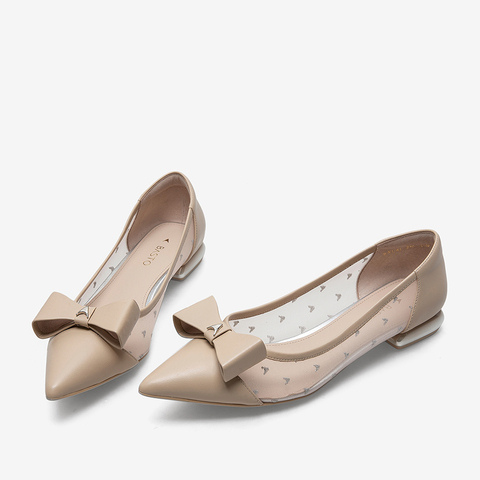 百思图2021春新款甜美气质蝴蝶结网纱尖头方跟浅口女单鞋RXU41AQ1