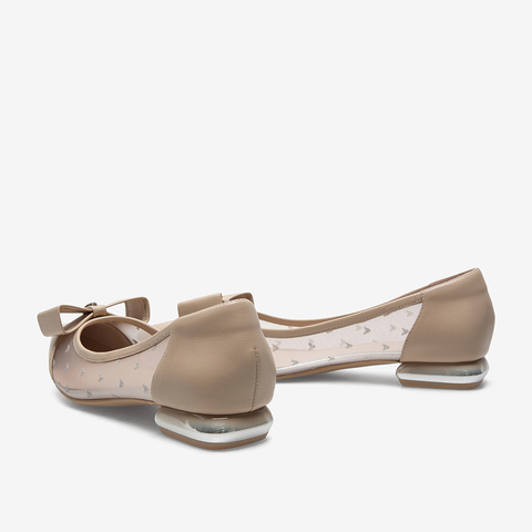 百思图2021春新款甜美气质蝴蝶结网纱尖头方跟浅口女单鞋RXU41AQ1