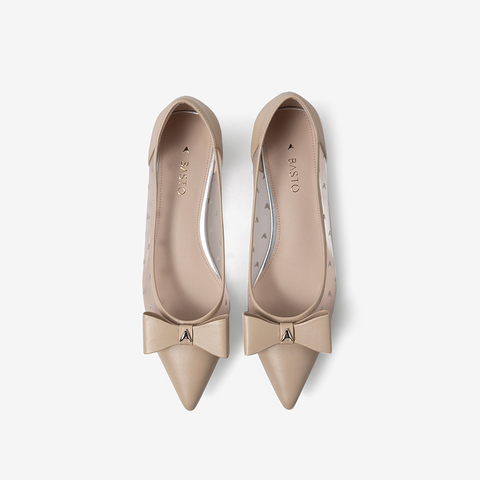 百思图2021春新款甜美气质蝴蝶结网纱尖头方跟浅口女单鞋RXU41AQ1