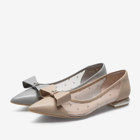 百思图2021春新款甜美气质蝴蝶结网纱尖头方跟浅口女单鞋RXU41AQ1