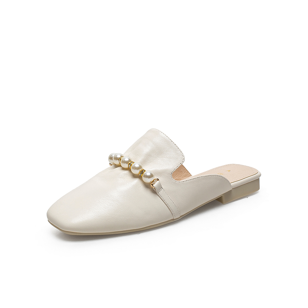 百思图2021夏季新款复古珍珠懒人一脚蹬穆勒拖方跟女凉拖RO322BH1