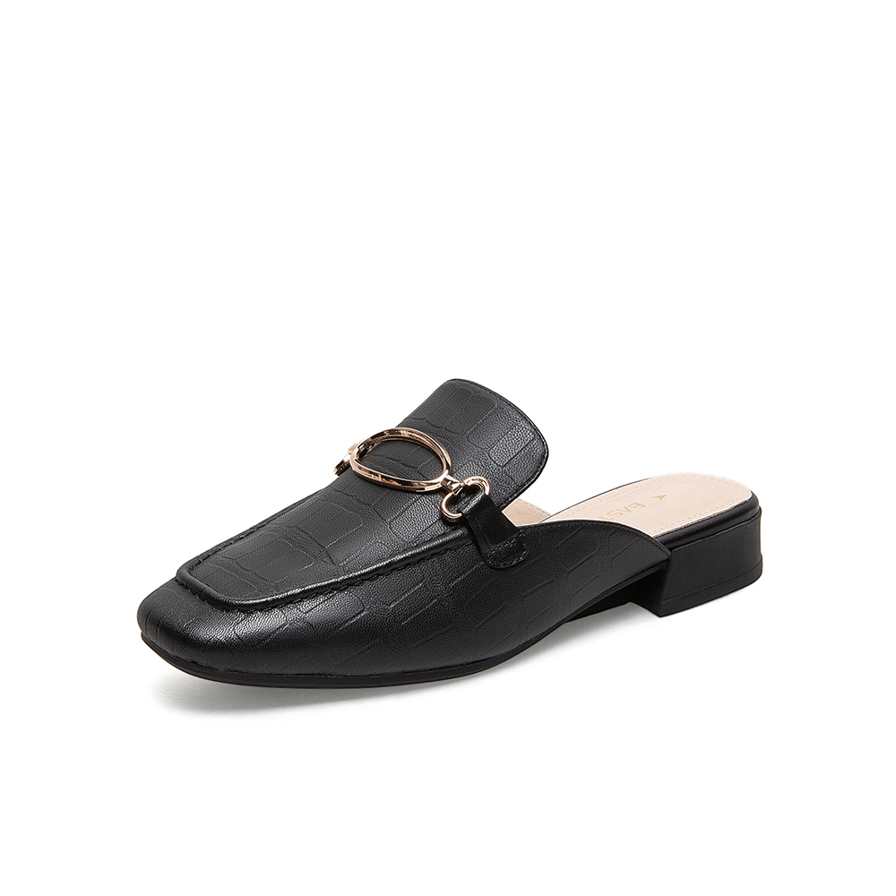百思图2021夏季新款时尚金属扣粗跟方头穆勒拖女凉拖A2813BH1