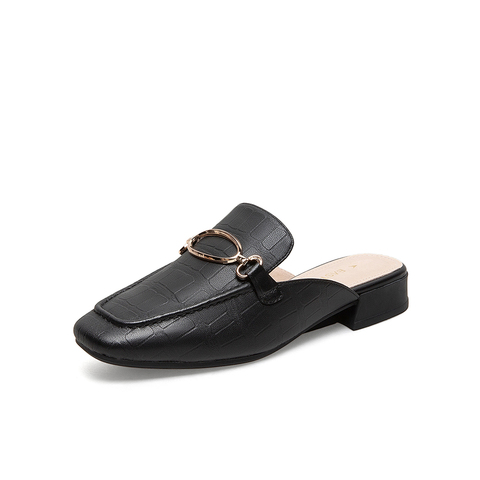 百思图2021夏季新款时尚金属扣粗跟方头穆勒拖女凉拖A2813BH1