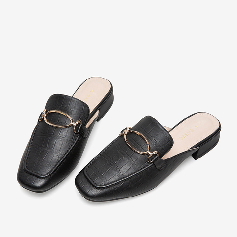 百思图2021夏季新款时尚金属扣粗跟方头穆勒拖女凉拖A2813BH1