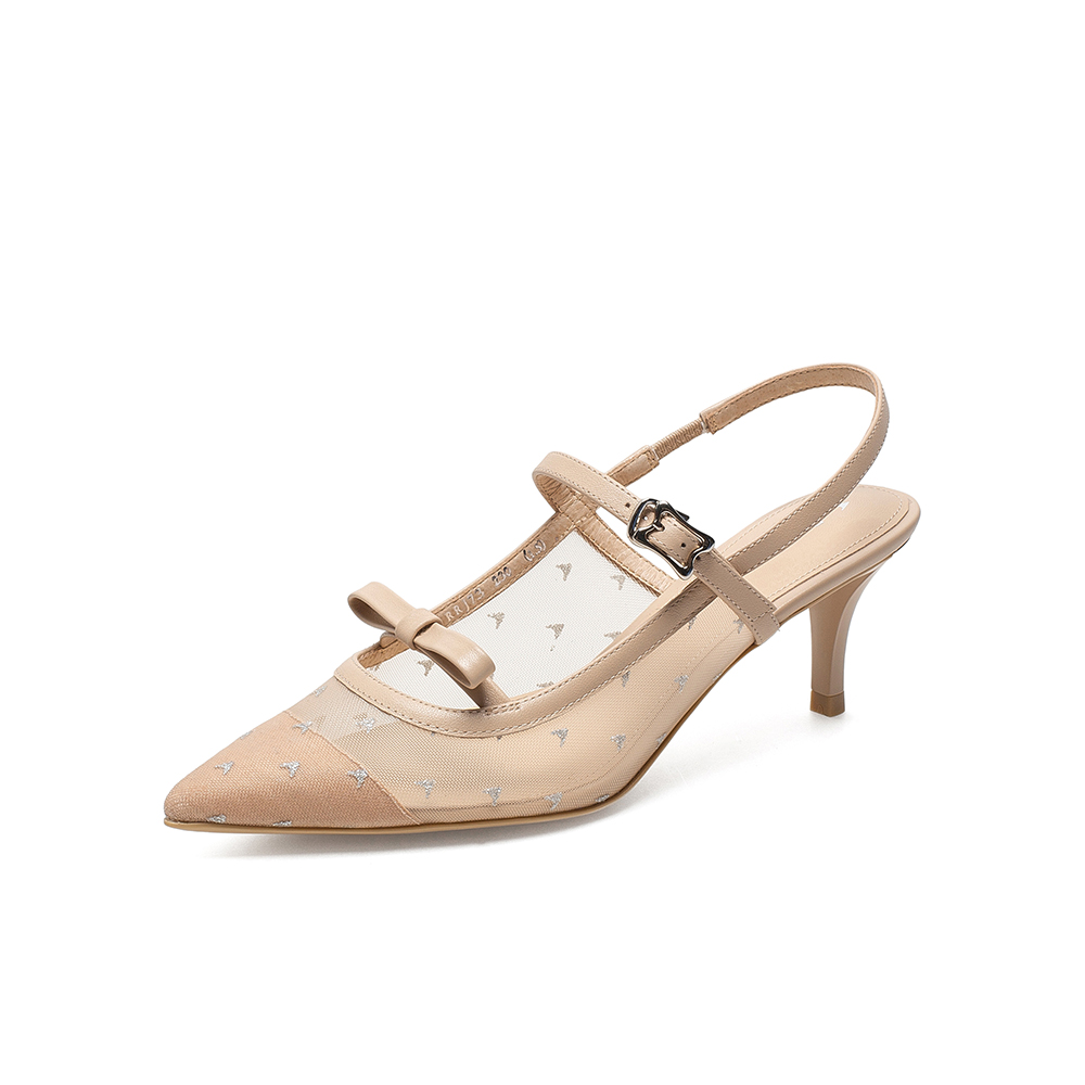 百思图2021夏季新款时尚蝴蝶结尖头细高跟网纱女凉鞋RRJ73BH1