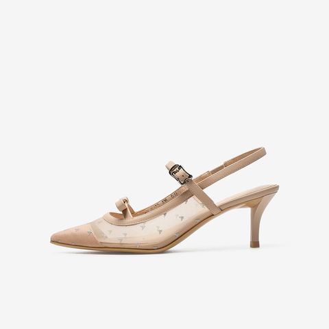 百思图2021夏季新款时尚蝴蝶结尖头细高跟网纱女凉鞋RRJ73BH1