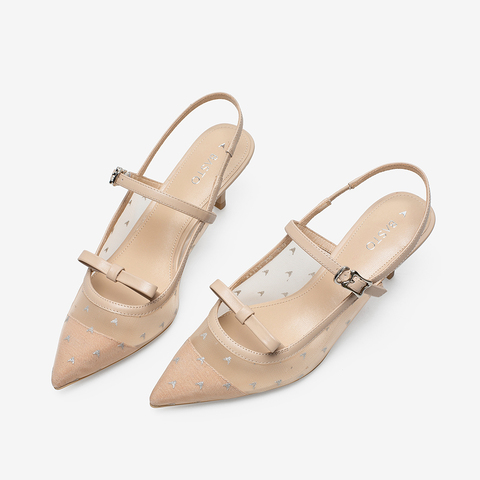 百思图2021夏季新款时尚蝴蝶结尖头细高跟网纱女凉鞋RRJ73BH1