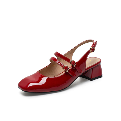 百思图2021夏季新款小香仙女风包头玛丽珍粗跟后空女凉鞋RBG47BH1