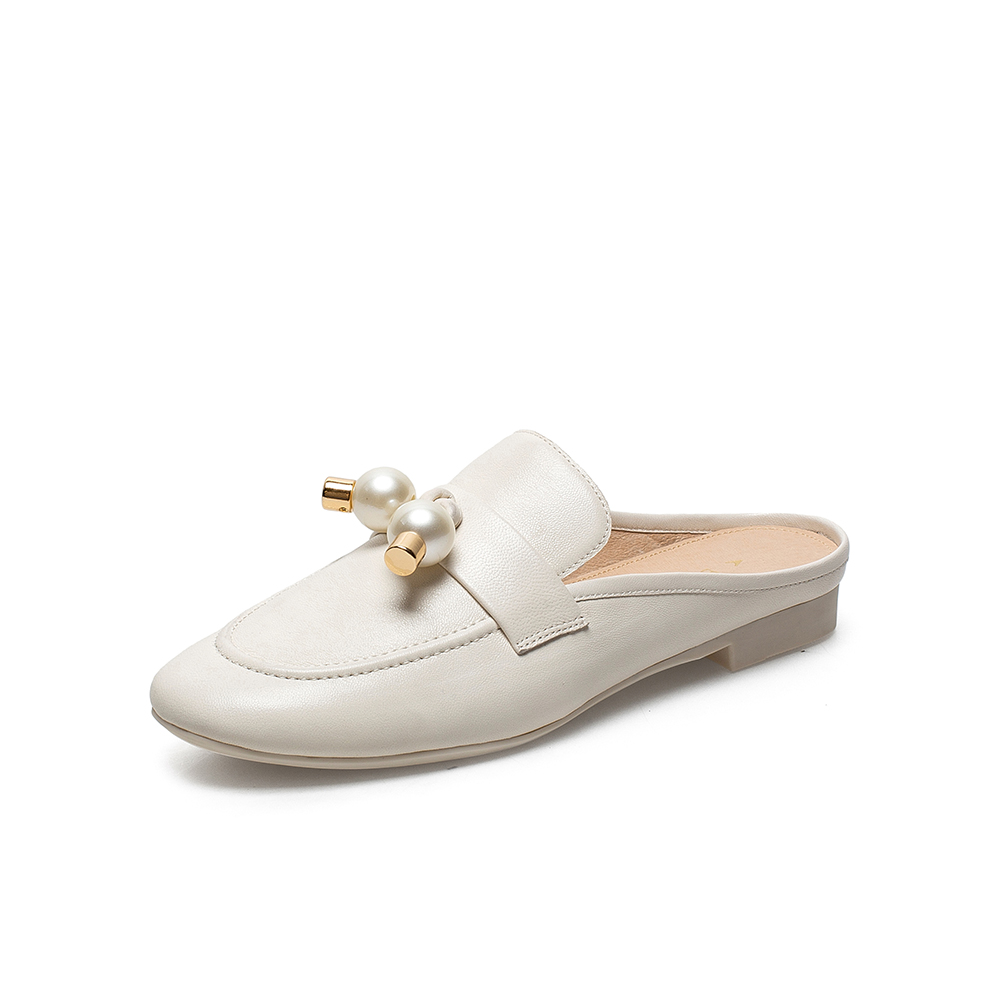 百思图2021夏新款时尚珍珠轻装饰懒人一脚蹬穆勒鞋女凉拖TAN03BT1