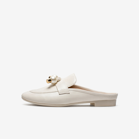 百思图2021夏新款时尚珍珠轻装饰懒人一脚蹬穆勒鞋女凉拖TAN03BT1