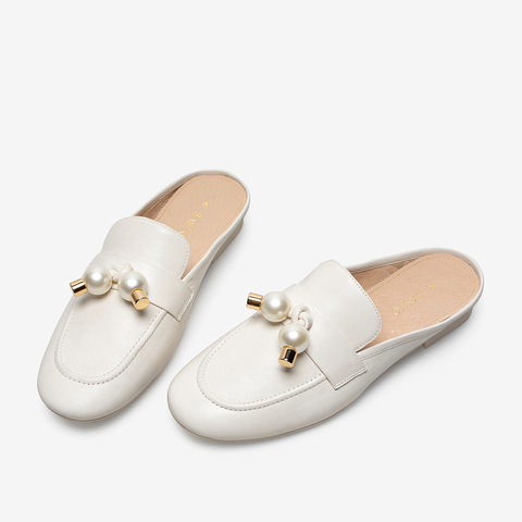 百思图2021夏新款时尚珍珠轻装饰懒人一脚蹬穆勒鞋女凉拖TAN03BT1