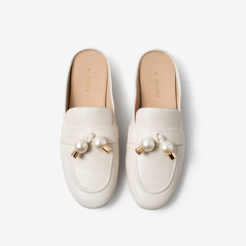 百思图2021夏新款时尚珍珠轻装饰懒人一脚蹬穆勒鞋女凉拖TAN03BT1