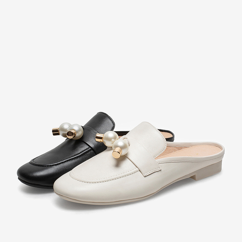 百思图2021夏新款时尚珍珠轻装饰懒人一脚蹬穆勒鞋女凉拖TAN03BT1