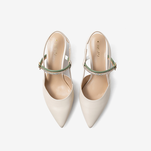 百思图2021夏季新款商场同款时髦仙女风尖头粗高跟女凉鞋RUF16BH1