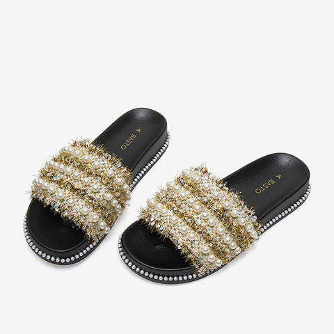 百思图2021夏季新款商场同款时尚珍珠饰外穿一字拖女拖鞋WKT01BT1