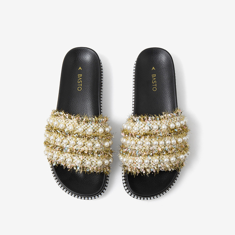 百思图2021夏季新款商场同款时尚珍珠饰外穿一字拖女拖鞋WKT01BT1