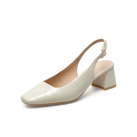 百思图2021夏季新款商场同款时尚石头纹粗跟包头女凉鞋RJF04BH1