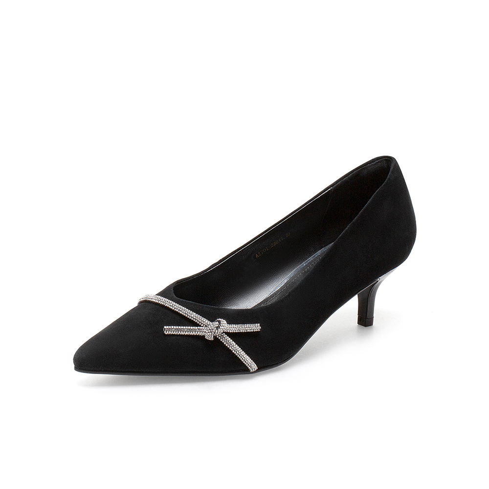 百思图2021春季新款时髦闪钻蝴蝶结饰简约尖头细跟女单鞋A1701AQ1