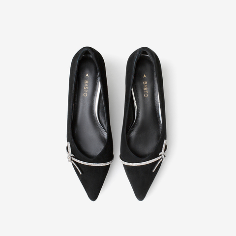 百思图2021春季新款时髦闪钻蝴蝶结饰简约尖头细跟女单鞋A1701AQ1