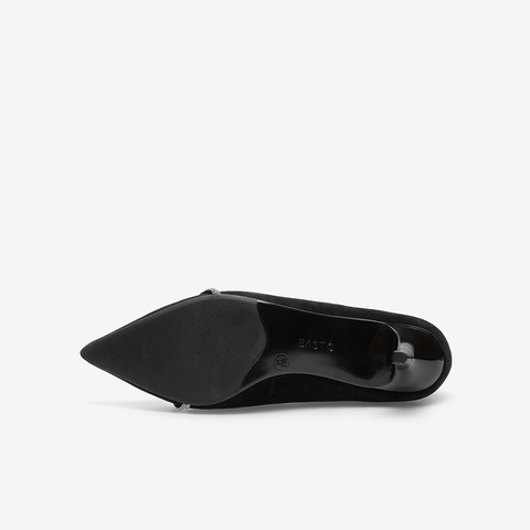 百思图2021春季新款时髦闪钻蝴蝶结饰简约尖头细跟女单鞋A1701AQ1