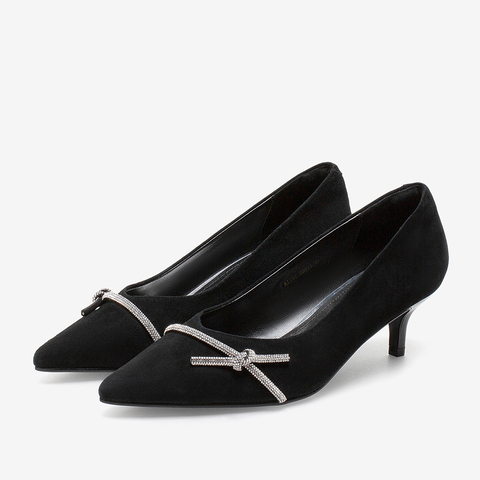 百思图2021春季新款时髦闪钻蝴蝶结饰简约尖头细跟女单鞋A1701AQ1