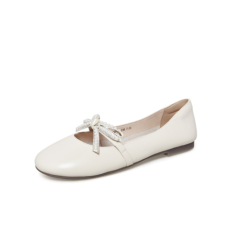 百思图2021春季新款时髦珍珠蝴蝶结方跟浅口玛丽珍女单鞋WNP05AQ1