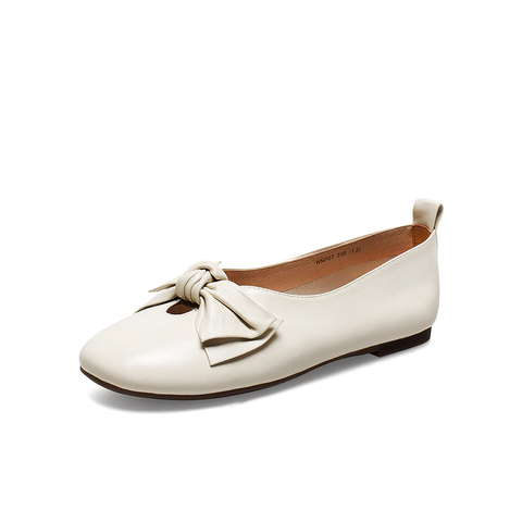 百思图2021春新款时尚蝴蝶结饰简约方跟浅口懒人鞋女单鞋WNP07AQ1