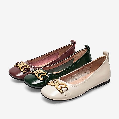 百思图2021秋季新款商场同款时髦金属扣平底浅口女单鞋WMW01CQ1